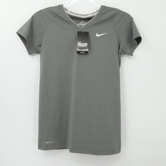 Nike Shirt Womens Large Gray Pro Combat Dri-FIT Fitted V-Neck Base Layer Workout - Picture 1 of 16